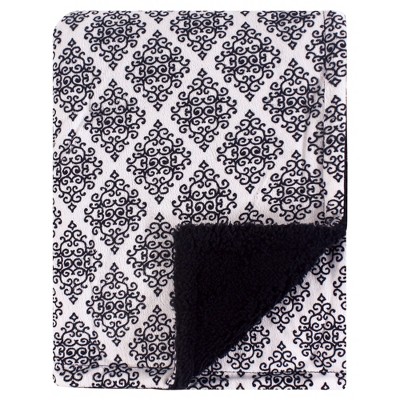 Hudson Baby Infant Girl Plush Blanket with Faux Shearling Back, Classic Damask, One Size