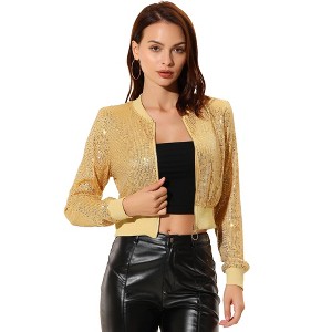 INSPIRE CHIC Women's Sequin Sparkle Front Zipper Cropped Bomber Jacket - 1 of 4