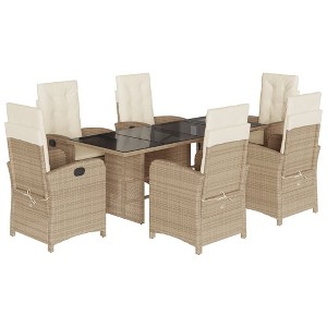 vidaXL 7 Piece Patio Dining Set - Beige PE Rattan Adjustable Recliner Chairs with Cushions and Tempered Glass Table - 1 of 4