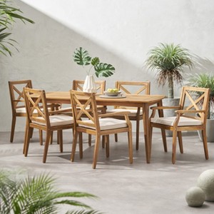 Christopher Knight Home Llando Outdoor Acacia Wood 7 Piece Dining Set with Cushion - 1 of 4