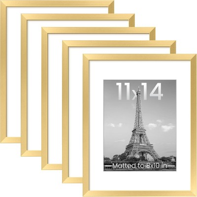 Attop 11x14 Picture Frame Set of 5, Display Pictures 8x10 with Mat or 11x14 Without Mat, Wall Gallery Photo Frames, Gold