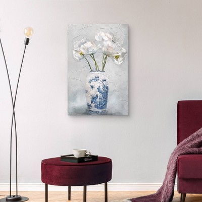 24" x 36" White Floral Vase on Gray Canvas Art