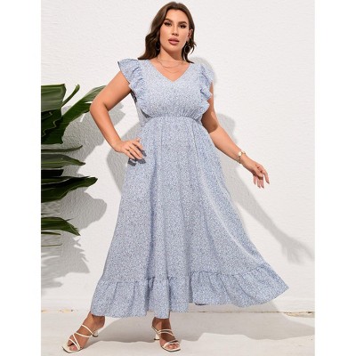 Women's Plus Size Summer Dress with Pocket Ruffle Cap Sleeveless V Neck Side Split Long Beach Maxi Dress