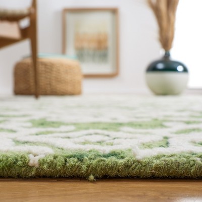 Handmade Green and Ivory Floral Wool Runner Rug, 2'3" x 8'