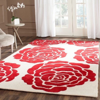 Ivory and Red Floral Hand-Tufted Wool Area Rug 5' x 8'