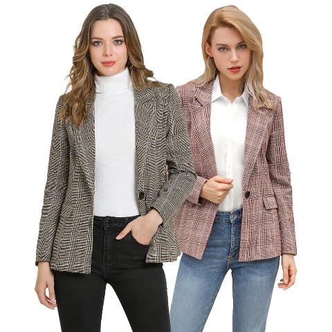 INSPIRE CHIC Women's Notched Lapel One Button Boyfriend Plaid Suit Blazer 2 Packs Brown/Burgundy X-Small