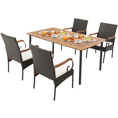Tangkula 5PCS Wicker Dining Set Cushion Armchairs Acacia Wood Table w/ Umbrella Hole Patio