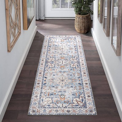 Washable Rug Traditional Oriental Rugs Soft Low Pile Carpet for Living Room Bedroom Dining, 2' x 6' Blue