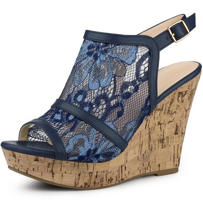 Perphy Women's Lace Platform Heel Slingback Wedges Sandals