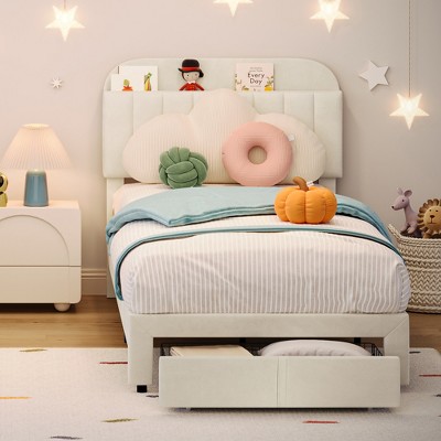 Garvee Twin Bed Frame with Drawer, Velvet Upholstered Platform Bed Frame with Storage Headboard, No Box Spring Needed, Easy Assembly