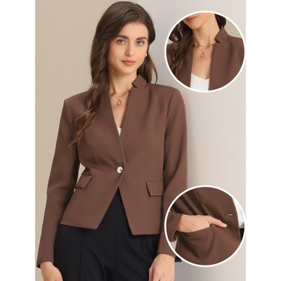 Allegra K Women's Stand Collar Long Sleeve Button Blazer Medium Brown — фото 2