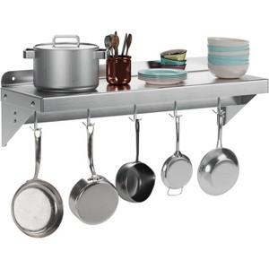 Silver Stainless Steel Metal Wall Mount Utility Shelf with 2 Backsplashes, 5 Hooks, Floating for Kitchen, Bathroom, Restaurant, Laundry - 1 of 4