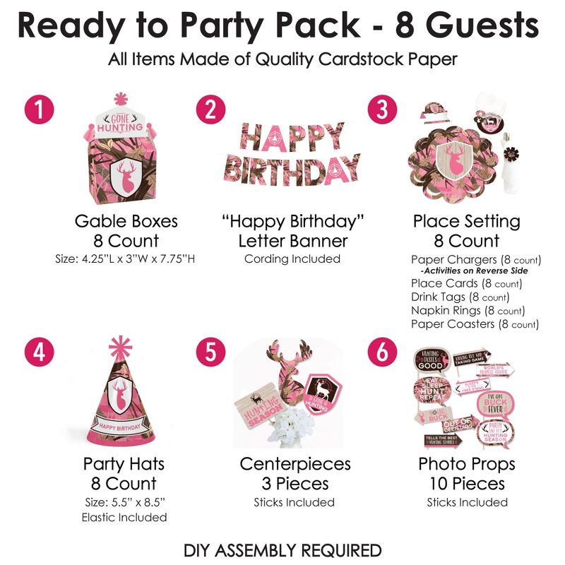 Big Dot of Happiness Pink Gone Hunting - Deer Hunting Girl Camo Happy Birthday Party Supplies Kit - Ready to Party Pack - 8 Guests, 3 of 7