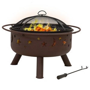 Sunnydaze Outdoor Camping or Backyard Round Cosmic Stars and Moons Fire Pit with Cooking Grill Grate, Spark Screen, and Log Poker - 30" - 1 of 4