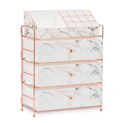 Glamlily Large Rose Gold Marble Makeup Organizer for Vanity (9.4 x 5.9 x 12.2 In)