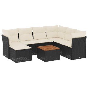 vidaXL 8 Piece Patio Sofa Set with Cushions Black Poly Rattan - Black and Cream 3x Middle 3x Corner Footrest Table - 1 of 4