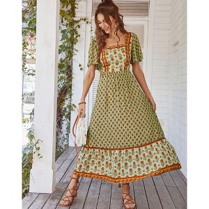 Coolmee Women's Summer Boho Floral Print Dress Vintage Square Neck Ruffle Swing Flowy Beach Long Maxi Dress - 1 of 4