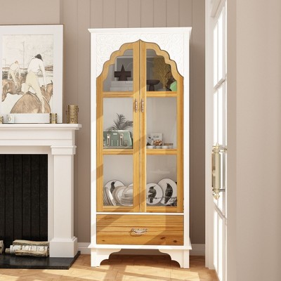 FUFU&GAGA Classic White Corner Cabinet with Intricate Carvings and Arched Glass Doors