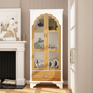 FUFU&GAGA Classic White Corner Cabinet with Intricate Carvings and Arched Glass Doors - 1 of 4