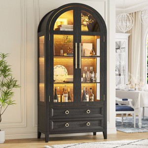 Vlsrka arched glass-door storage cabinet with LED lights,Black - 1 of 4