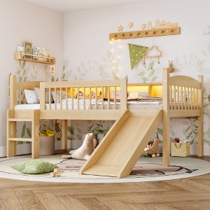 Twin/Twin XL Loft Bed with Storage Shelves, LED Lights & Full-Length Guardrails, Solid Wood Loft Bed Frame - ModernLuxe - 1 of 4