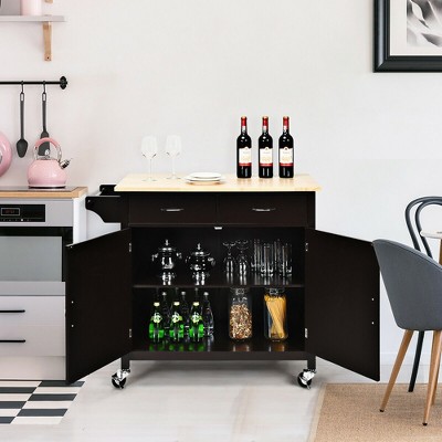 Costway Modern Rolling Kitchen Cart Island Wood Top Storage Trolley Cabinet Utility Brown