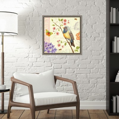 Spring Birds and Bees Watercolor Canvas Print with Gray Frame