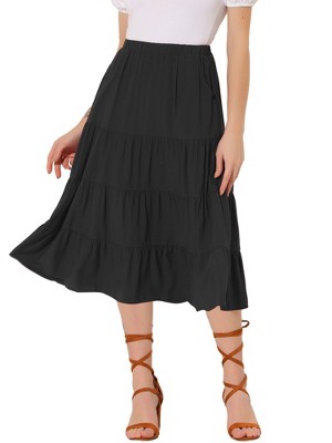 INSPIRE CHIC Women's Midi Solid Elastic Waist Flare Tiered A-Line Skirt with Pockets