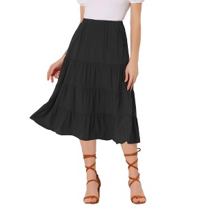 INSPIRE CHIC Women's Midi Solid Elastic Waist Flare Tiered A-Line Skirt with Pockets - 1 of 4