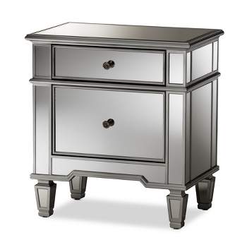 Sussie Hollywood Regency Glamour Style Mirrored 2 - Drawer Nightstand - Baxton Studio: Bronze Hardware, Beveled Top