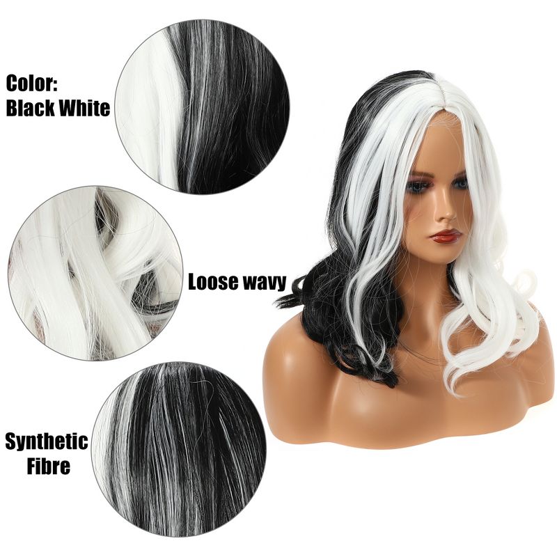 Unique Bargains Curly Women's Wigs 16" Black White with Wig Cap Natural Full Medium Wavy, 4 of 7