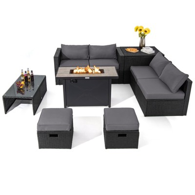 Tangkula 9 PCS Outdoor PE Rattan Wicker Sectional Sofa with 42" 60,000 BTU Gas Fire Pit Table Space-Saving Conversation Set with Storage Box Black/Grey/Navy Blue/Red/Turquoise/Off White