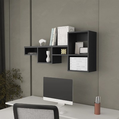 Vynxaria Black Wall-Mounted Shelf Unit, Modern Style, 5 Shelves