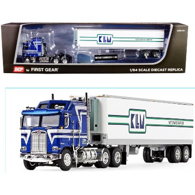 Kenworth K100 COE Aerodyne w/ 40' Reefer Tandem-Axle Trailer "KLLM" Blue & White w/Stripes 1/64 Diecast Model by DCP/First Gear