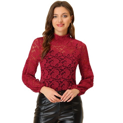 Allegra K Women's See-through Stretch Smocked High Neck Long-sleeve Lace  Floral Blouse Black Small : Target