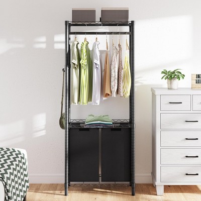 Heavy Duty Garment Rack，Clothes Rack for Hanging Clothes with Laundry Sorter 2/3 Section，Black