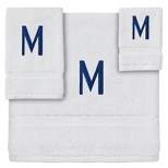 Juvale 3 Piece Letter M Monogrammed Bath Towels Set, White Cotton Bath Towel, Hand Towel, and Washcloth w Blue Embroidered Initial M for Wedding Gift