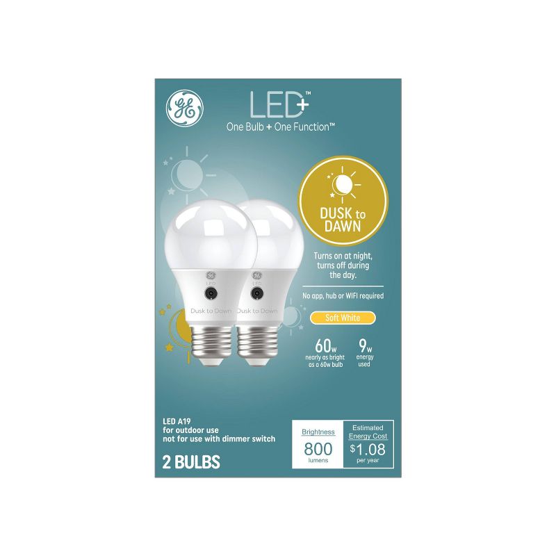 GE 2pk 9 Watts Soft White Medium Base LED+ Dusk to Dawn Outdoor Light Bulbs, 1 of 7