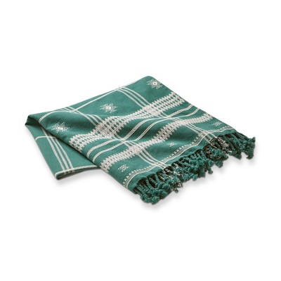 tagltd Peak Decorative Cotton Throw for Sofa or Bed, Green and White Print with Tassels 50L x 60W in.