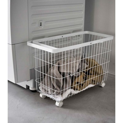 White Rolling Wire Laundry Basket with Wheels