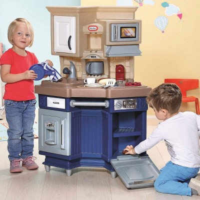 Beige and Blue Plastic Kids Kitchen Playset with Accessories