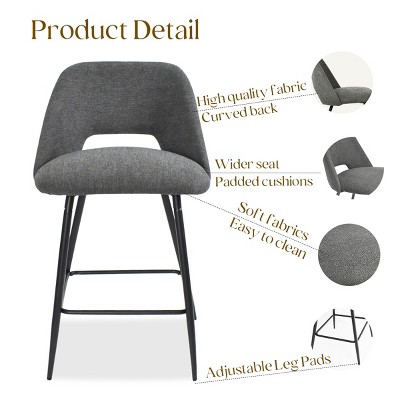 Dark Gray Upholstered Counter Height Stools with Black Metal Frame, Set of 2