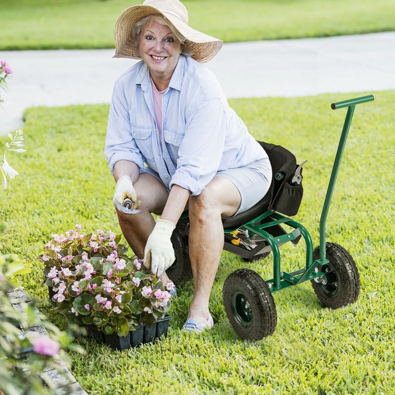Costway Rolling Garden Cart Outdoor Gardening Workseat with Adjustable Height &Tool Storage, 4 of 11