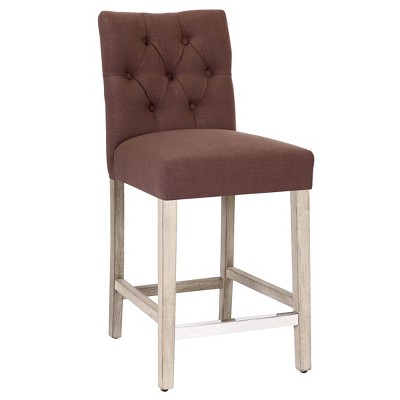 Brown Linen Upholstered Tufted Counter Stool with Wood Legs