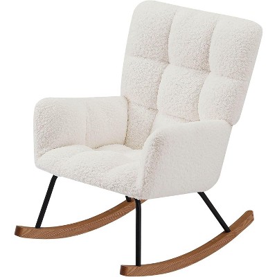 GustoWave Nursery Rocking Chair with High Backrest Armchair, Teddy Fabric Upholstered Glider Rocker Rocking Accent Reading Chair