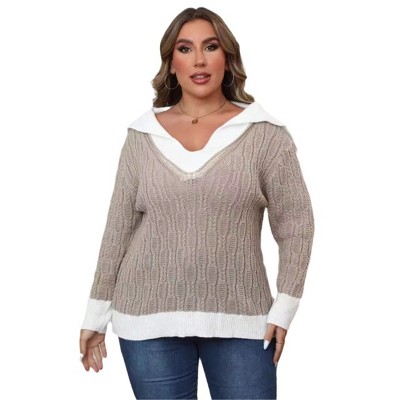 Plus Size Women Sweater Long Sleeve Top Color Block Polo Sweater