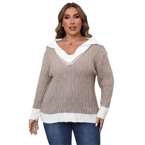 Plus Size Women Sweater Long Sleeve Top Color Block Polo Sweater - 1 of 3
