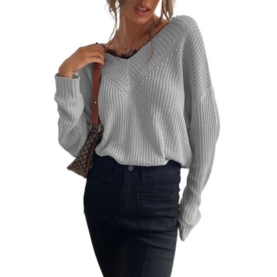 Women's Pullover V Neck Loose Knit Sweater Long Sleeve Lace Trim Top