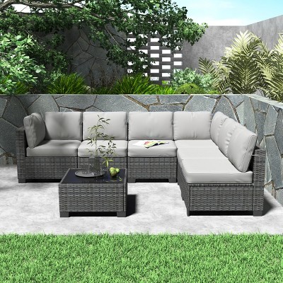 7-Piece Outdoor Wicker Patio Furniture Set, PE Rattan Sectional Sofa with Thick Cushions