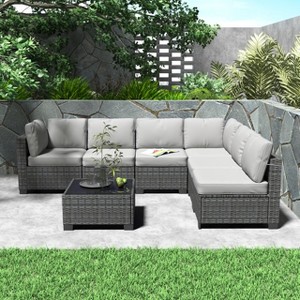 7-Piece Outdoor Wicker Patio Furniture Set, PE Rattan Sectional Sofa with Thick Cushions - 1 of 4